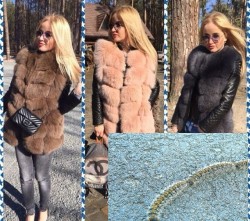 Женщина в меховых жилетах на фоне леса