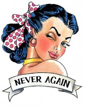 Девушка с бантом и надписью "NEVER AGAIN