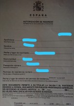 Документ о разрешении на возвращение в Испанию