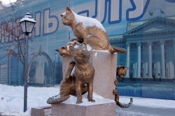 Бронзовая скульптура котов на постаменте, покрытая снегом