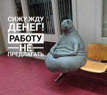 Существо с округлым телом сидит на стуле в помещении