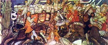 Средневековая битва с рыцарями на лошадях