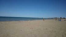 Песчаный пляж с морем и людьми на отдыхе