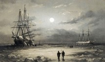 Два корабля на фоне луны и облаков, люди на льду