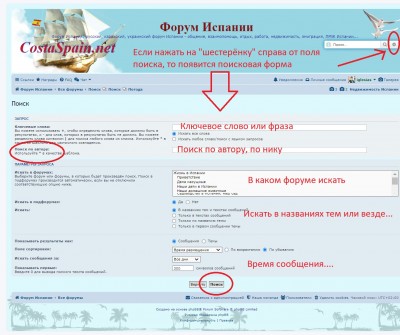 Форма поиска на форуме Испании с инструкциями