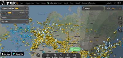 Карта с отображением воздушного трафика и самолетов