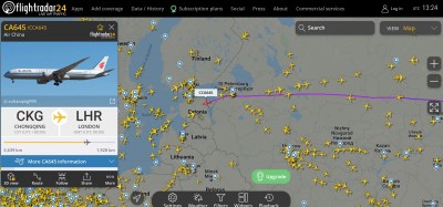 Карта с воздушным движением и рейсом CA645