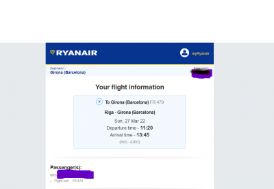 Информация о рейсе Ryanair в Жирону. Дата: 27 марта 2022 года