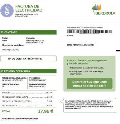 Фактура за электричество от компании Iberdrola. Сумма 37,96 евро — CostaSpain.net Фактура за электричество от компании Iberdrola. Сумма 37,96 евро