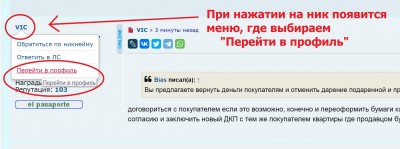Меню с опцией "Перейти в профиль" на сайте