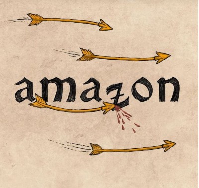 Слово "amazon" с нарисованными стрелами и каплями крови