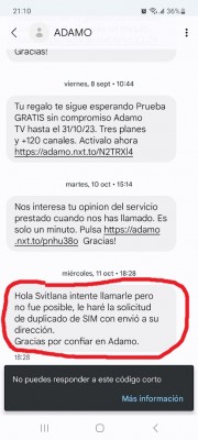 Сообщения от компании Adamo о бесплатной пробе и дубликате SIM-карты