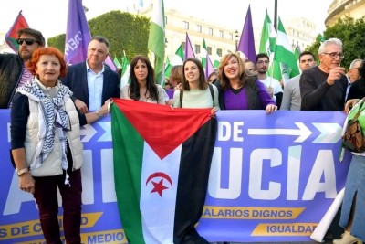 Участники митинга с флагом и плакатами
