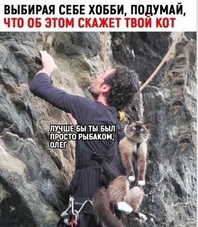 Человек карабкается по скале с котом на спине