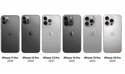 Шесть моделей iPhone Pro разных годов выпуска в ряд