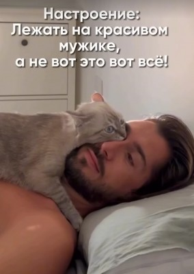 Кот лежит на мужчине, оба выглядят расслабленными