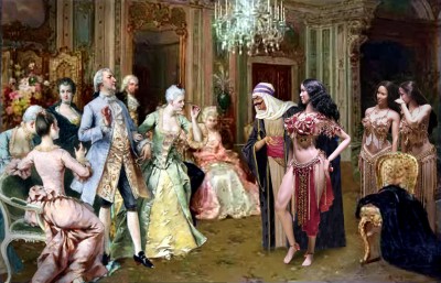 Историческая сцена с людьми в костюмах и куклами
