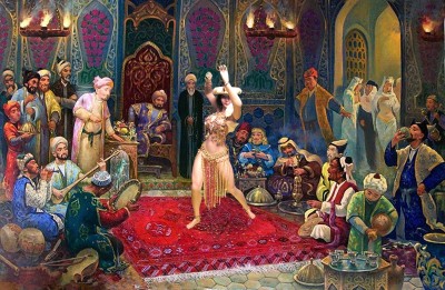 Танцовщица на фоне восточного пира с музыкантами