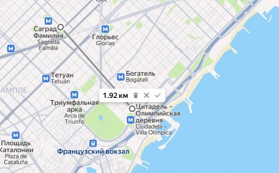 Карта с указанием расстояния 1.92 км в Барселоне