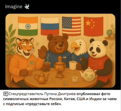 Медведь, тигр, панда и орел за столом с флагами стран