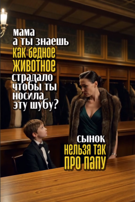 Мальчик в смокинге и женщина в шубе обсуждают