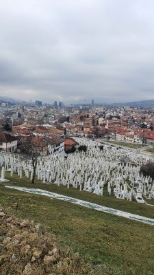 Вид на город с кладбищем и домами внизу