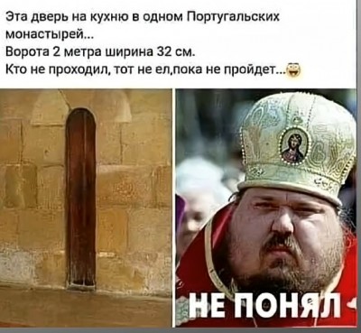 Дверь в монастыре и недоумевающий человек в шапке