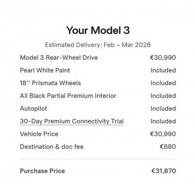 Список характеристик и стоимости автомобиля Model 3