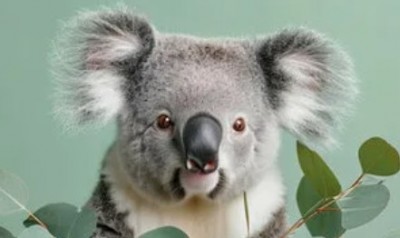 Коала на фоне зелёного цвета с листьями эвкалипта