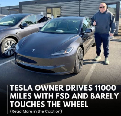 На фото черный автомобиль Tesla и владелец с жестом одобрения.