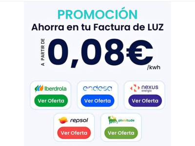 Изображение с рекламой электричества, стоимость 0,08€/kWh и логотипами компаний.