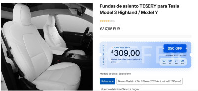 Картинка с белыми автомобильными сиденьями для Tesla Model 3 и Model Y.