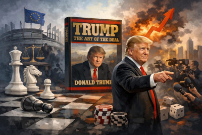 На изображении Дональд Трамп у книги "Искусство сделки". Чаша весов и шахматные фигуры.