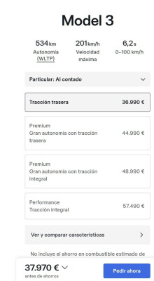Таблица с характеристиками и ценами на Tesla Model 3.