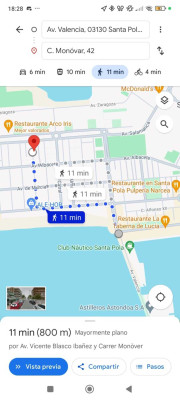 Карта с маршрутом в Santa Pola, Испания, с указанием времени.