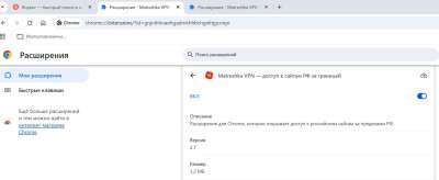 Интерфейс расширения Matreshka VPN в браузере Chrome.