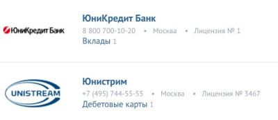 Логотипы и контактная информация ЮниКредит Банка и Юнистрим.