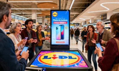 Группа людей удивлённых в супермаркете, экран с акцией Lidl.