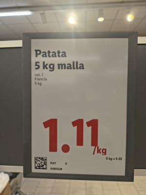 Цена на картофель - 1,11 за 1 кг, Испания<br />пакет 5 кг - 5,55 евро.