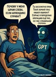 Мужчина в hospital bed спрашивает робота о неправильной операции.