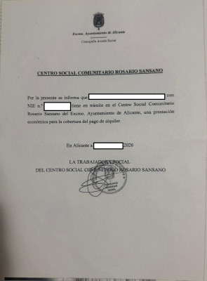 Документ из Центра социального обеспечения Розарио Сансано в Аликанте.