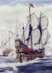Военные корабли с развитыми парусами на море